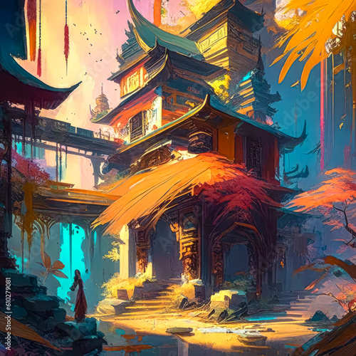 Ancient Asian pagoda, oriental architecture, watercolor style illustration. © abrilla