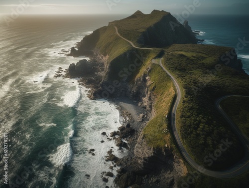 Weg ins Unbekannte: Atemberaubende Luftaufnahme einer Bergstraße, die ins Meer mündet, im Stil geschichteter und atmosphärischer Landschaften, detailliert und akkurat gemalt, Generative AI photo