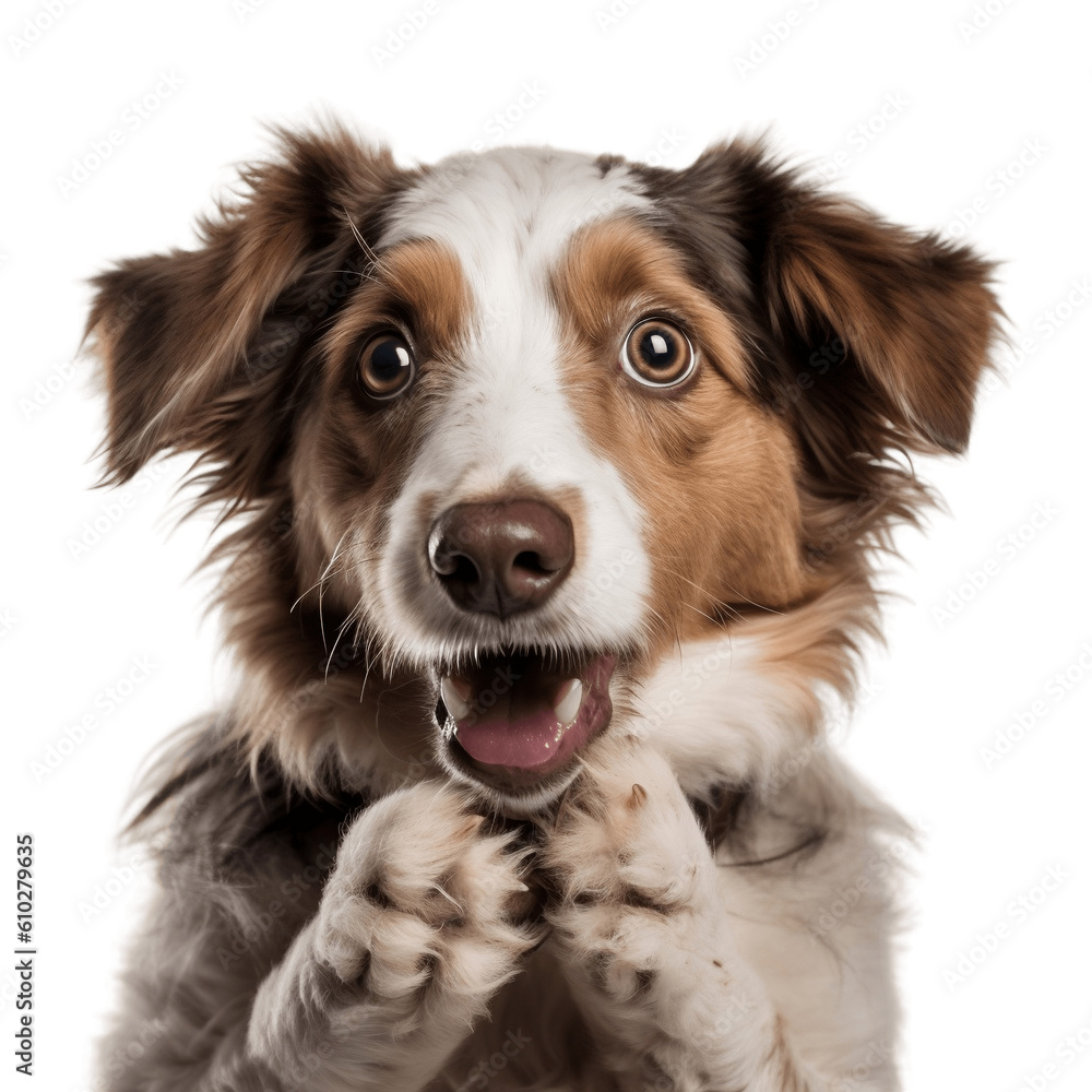 Surprised dog covering its mouth with paws, no background/transparent background