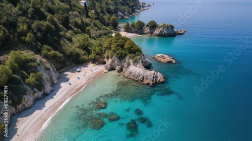 Dronen Arial Szene nach Vorbild von Korfu in Griechenland. Romantische Bucht auf einer Urlaubsinsel. Genrativ KI