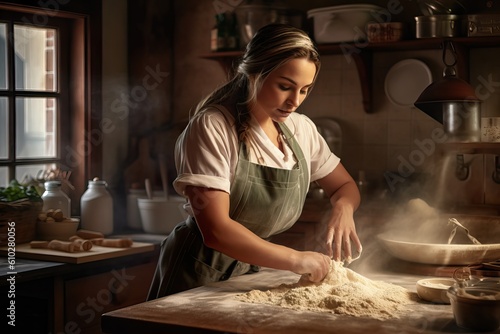 Generative AI. Confident woman making homemade pasta in a rustic Italian kitchen