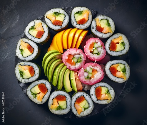 Colorful rainbow sushi rolls with avocado and crab. Generative AI