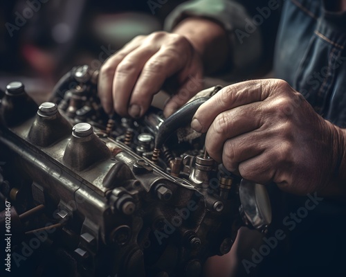 macro image of an engine being fixed by a mechanic's hands. Generative AI