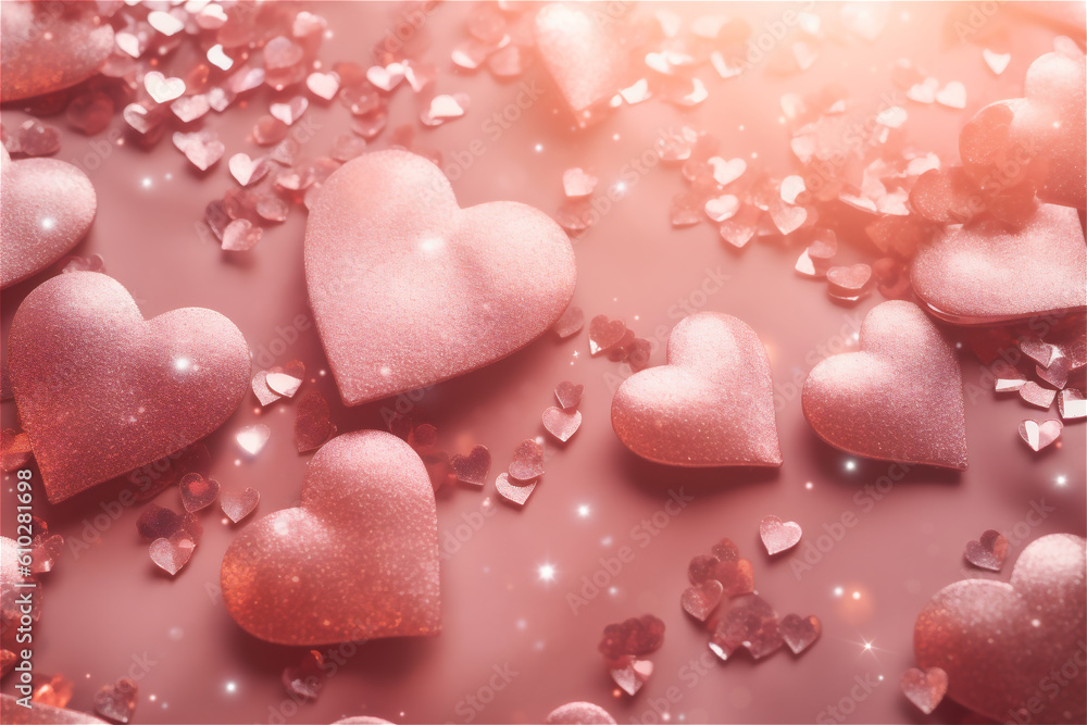 Obraz premium Valentine Hearts Abstract Pink Background. St.Valentine's Day Wallpaper. Heart Holiday Backdrop. AI generated content
