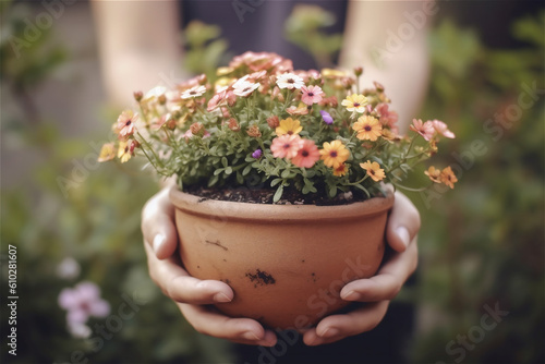 close up of woman's hands holding flower in pot. AI generated content
