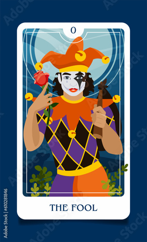 The card of the senior arcana is a Fool. Occult esoteric spiritual Tarot. Numerology and fortune telling. Design flat vector illustrations