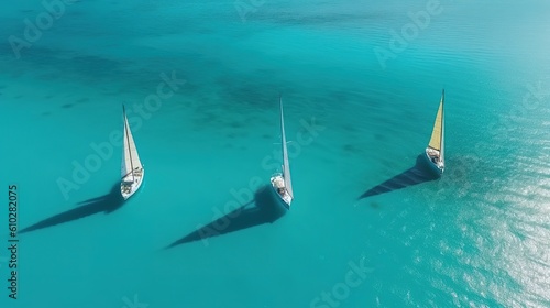 Sailboats sailing on a sea of turquoise clarity. Captured by an aerial drone. Generative AI