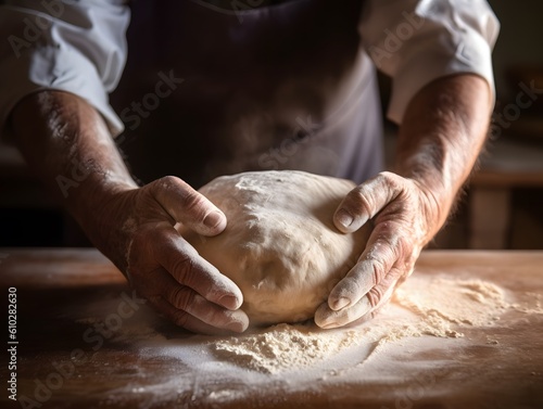 the hands of a baker kneading dough in a close-up image. Generative AI