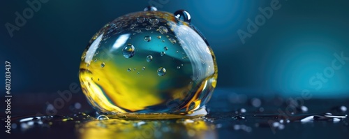 Beautiful macro banner transparent bright drop of water on smooth surface in blue and yellow colors. Ai generative.