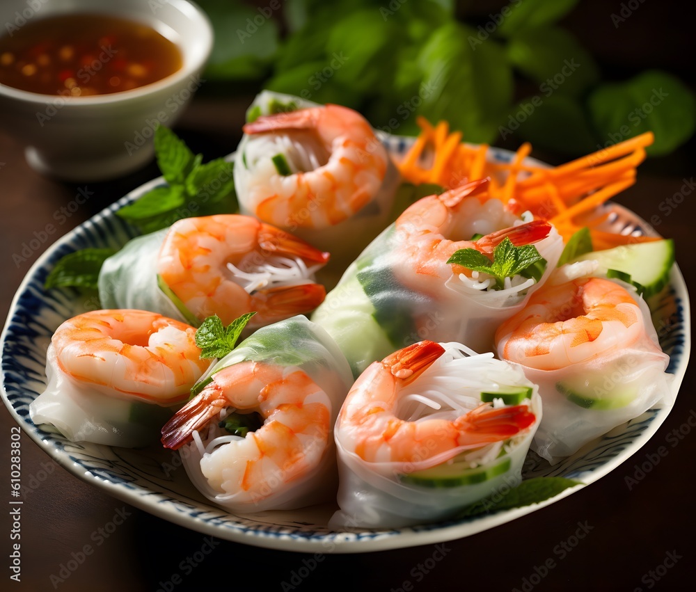A bowl of fresh and crunchy Vietnamese spring rolls with shrimp and vegetables. Generative AI A bowl of fresh and crunchy Vietnamese spring rolls with shrimp and vegetables. Generative AI
