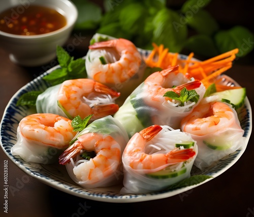 A bowl of fresh and crunchy Vietnamese spring rolls with shrimp and vegetables. Generative AI
