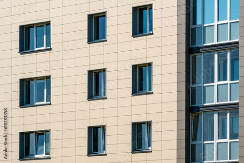 Facade of newly renovated multi story house