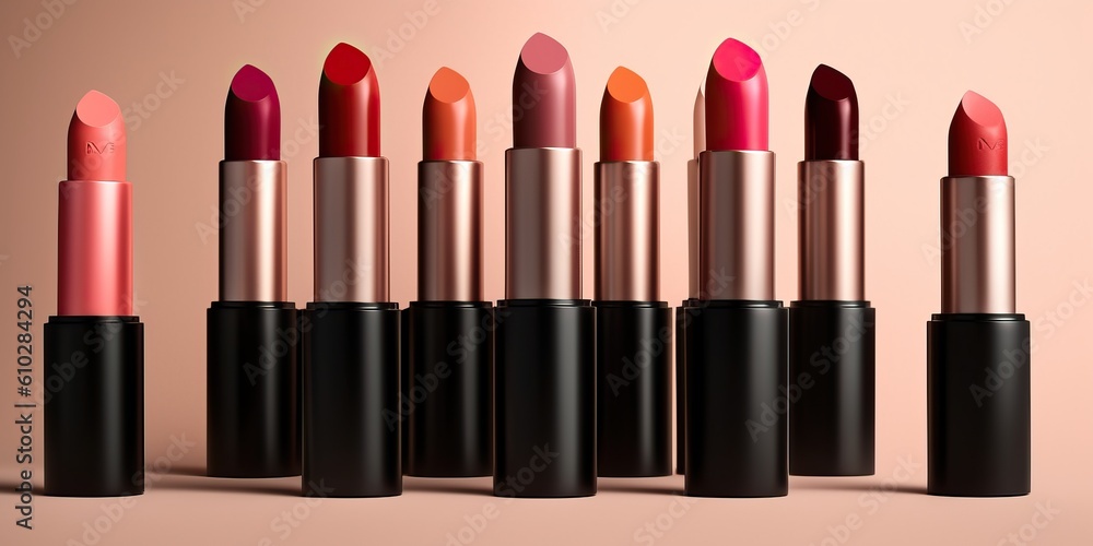 Obraz premium Lipsticks in different shades ideal for cosmetics backgrounds, generative ai