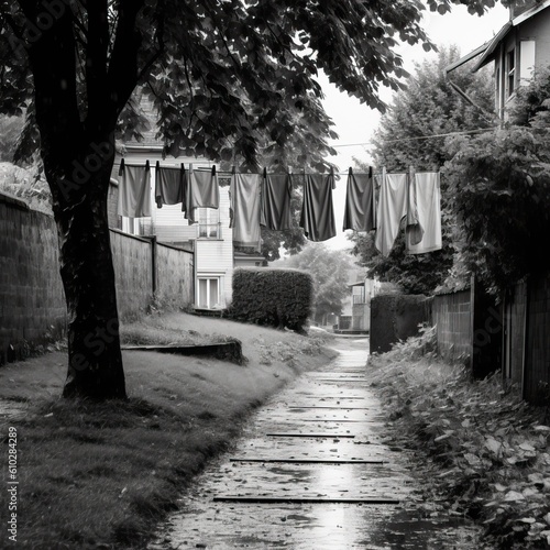Laundry drying in the rain,...