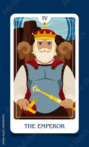 The card of the senior arcana is a The Emperor. Occult esoteric spiritual Tarot. Numerology and fortune telling. Design flat vector illustrations