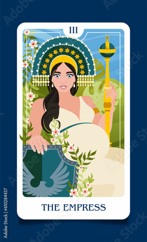 The card of the senior arcana is a The Empress. Occult esoteric spiritual Tarot. Numerology and fortune telling. Design flat vector illustrations