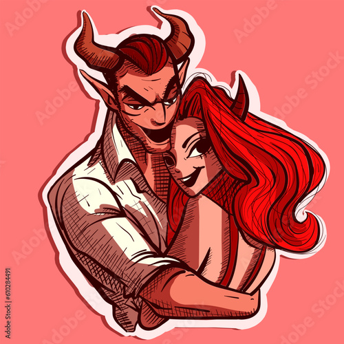 Digital art of two demons hugging and holding each other. Vector of a demon couple with horns, valentine's day concept.