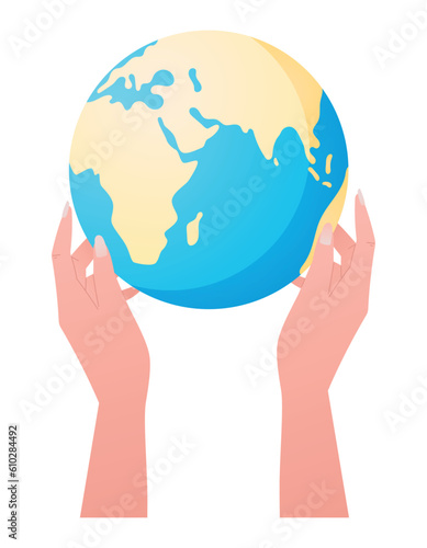 Two human hands holding a globe. The concept of saving the planet Earth and nature conservation. Vector isolated flat illustration.