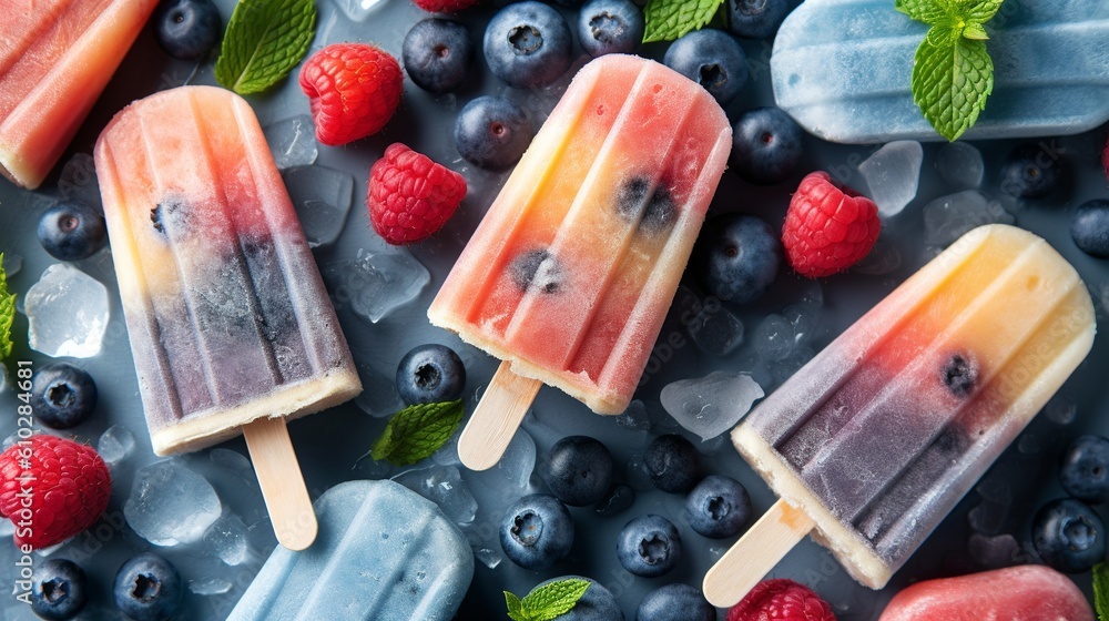Ice cream popsicles with fruit and berries on pastel background. Generative AI Ice cream popsicles with fruit and berries on pastel background. Generative AI