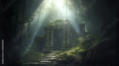 Ancient ruined temple in the jungle, Generative AI 