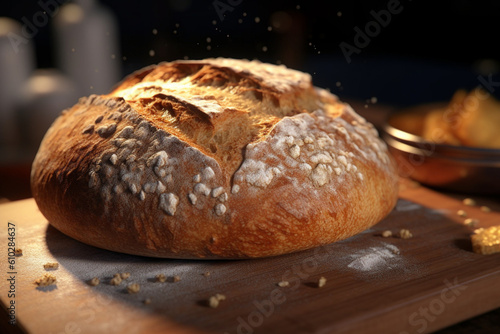 Fresh homemade bread in warm light. AI generated