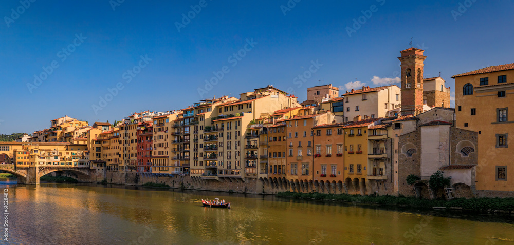 Cityscape with the famous bridge of Ponte Vecchio on the river Arno River in Centro Storico, Florence, Italy