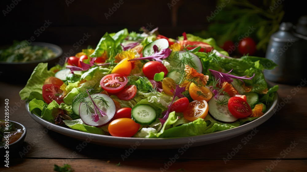 The photo showcases a colorful and appetizing salad plate filled with fresh ingredients. Crisp lettuce forms the base, complemented by juicy tomatoes, crunchy cucumbers, vibrant purple cabbage, and gr The photo showcases a colorful and appetizing salad plate filled with fresh ingredients. Crisp lettuce forms the base, complemented by juicy tomatoes, crunchy cucumbers, vibrant purple cabbage, and gr