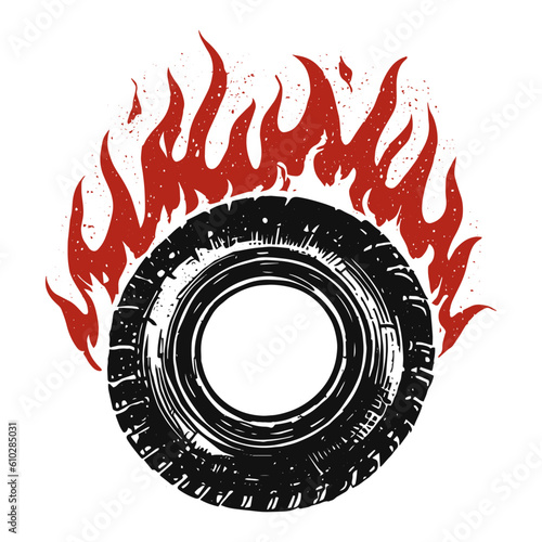 flaming tire grunge style, tire on fire sketch