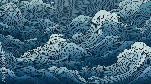 Fotografering Japanese traditional Ukiyo-e blue and white ocean with big waves Abstract, Elega