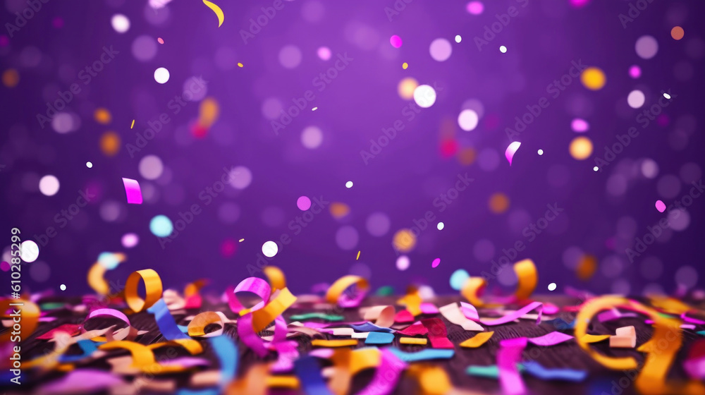 Celebration and confetti party abstract purple background