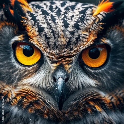 A majestic owl with piercing yellow eyes and gray and brown feathers close-up