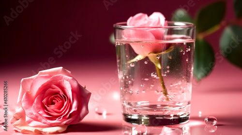 A glass of water and roses on a blurred background, generative AI. photo