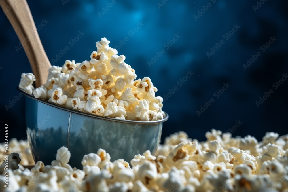 heap of buttered popcorn on a blue background with a vintage metal scoop heap of buttered popcorn on a blue background with a vintage metal scoop