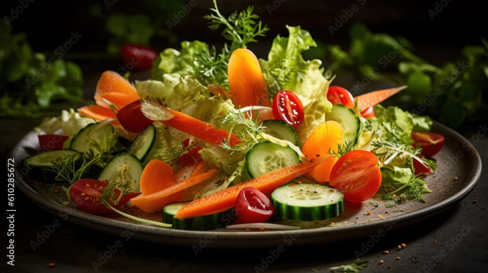 The photo showcases a colorful and appetizing salad plate filled with fresh ingredients. Crisp lettuce forms the base, complemented by juicy tomatoes, crunchy cucumbers, vibrant purple cabbage, and gr The photo showcases a colorful and appetizing salad plate filled with fresh ingredients. Crisp lettuce forms the base, complemented by juicy tomatoes, crunchy cucumbers, vibrant purple cabbage, and gr