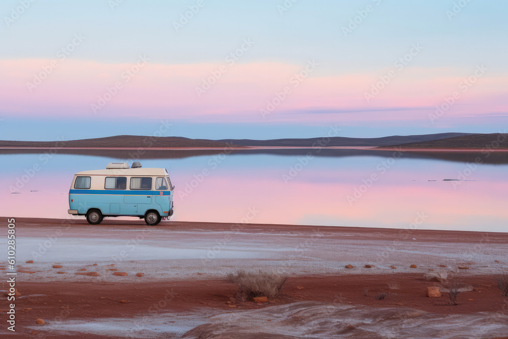 The RV by the pink lake.