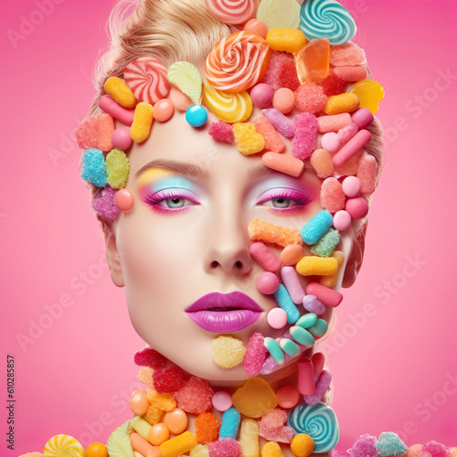 Illustration of woman with lot of candies over pink