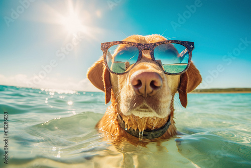 Illustration of happy dog swimming on vacation