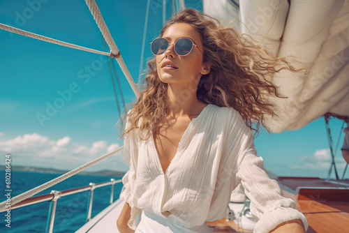 Illustration of elegant happy woman on luxury yacht