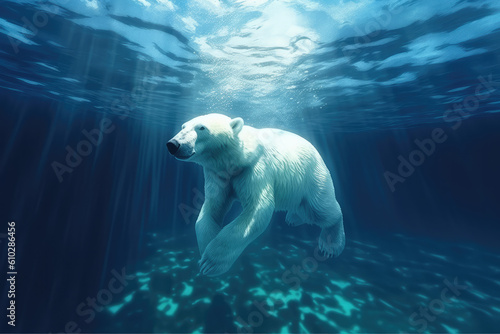 A polar bear swimming in the sea.