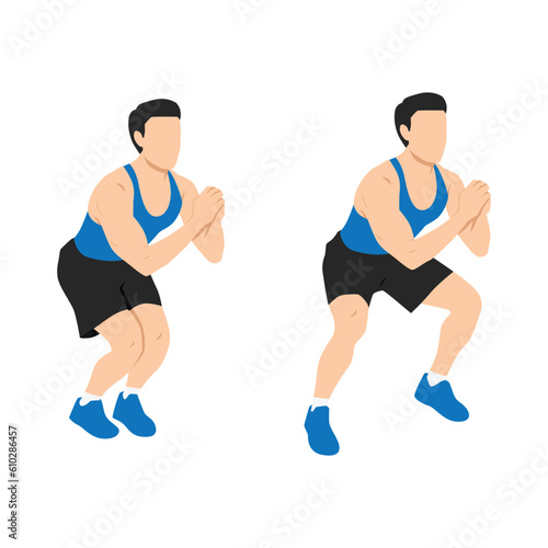 Man doing squat jacks or side sumo walks exercise. Flat vector illustration isolated on white background