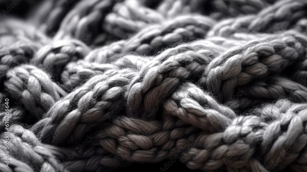 Knitted dark grey background, close up texture, generative AI.