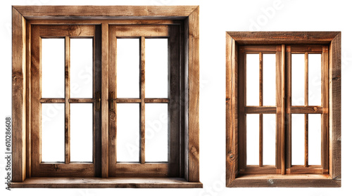 Two large wooden window frames with transparent windows on a transparent background, Generative AI photo