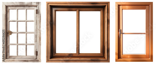 Three large wooden window frames in different colors with transparent windows on a transparent background, Generative AI