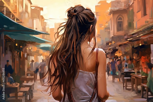 art illustration of a pretty woman walking on walking street market at evening time, Generative Ai photo
