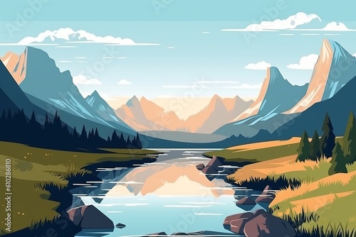 Trees and mountains. Minimalistic flat design landscape poster. Beautiful illustration picture. Generative AI