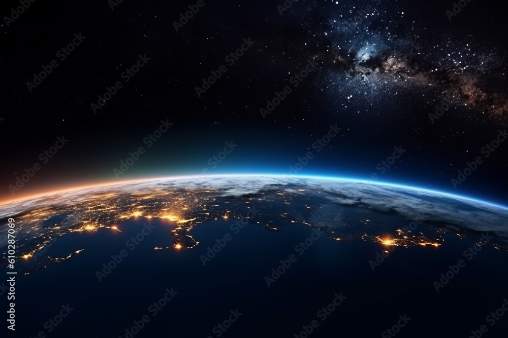 Planet Earth from the space at night time. Beautiful illustration picture. Generative AI