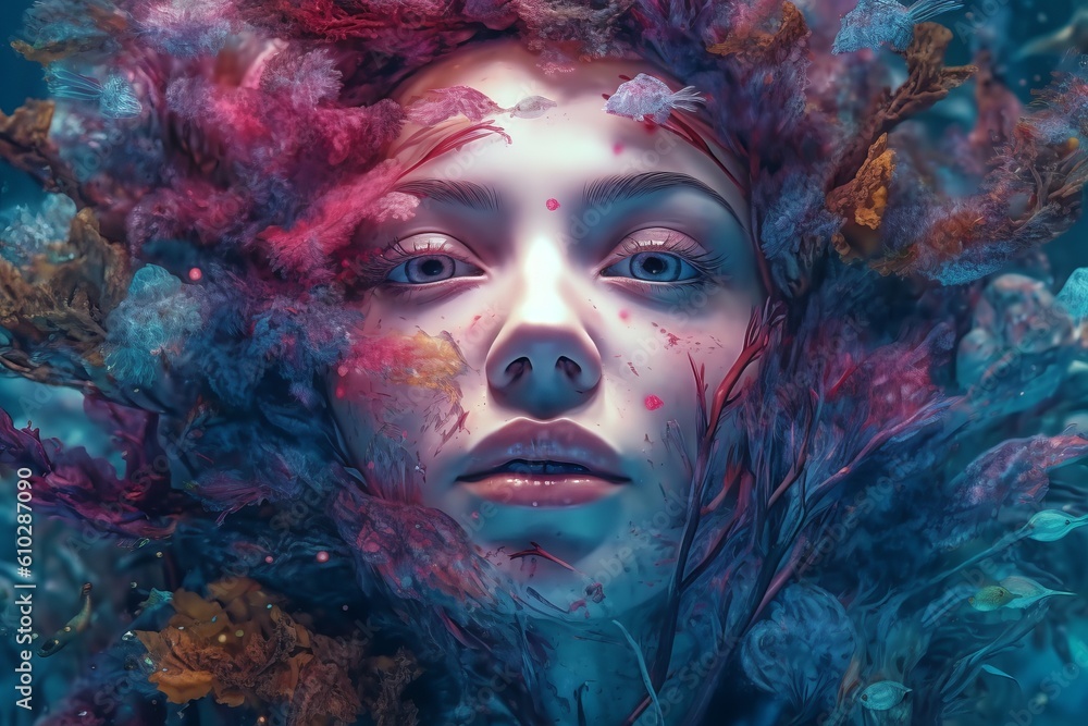 Portrait of beautiful woman that is in abstract vibrant objects. Beautiful illustration picture. Generative AI Portrait of beautiful woman that is in abstract vibrant objects. Beautiful illustration picture. Generative AI