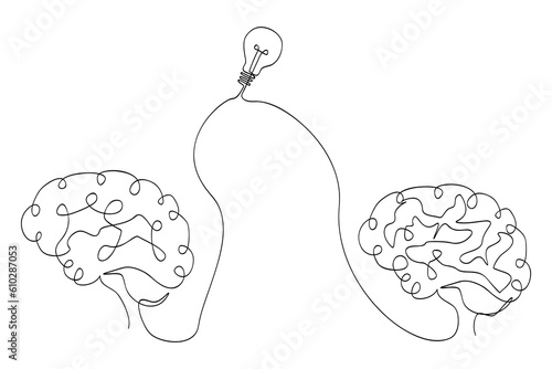 simple vector sketch human brain and bulb lamp idea, single one line art, continuous