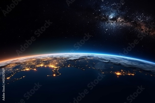 Planet Earth from the space at night time. Beautiful illustration picture. Generative AI