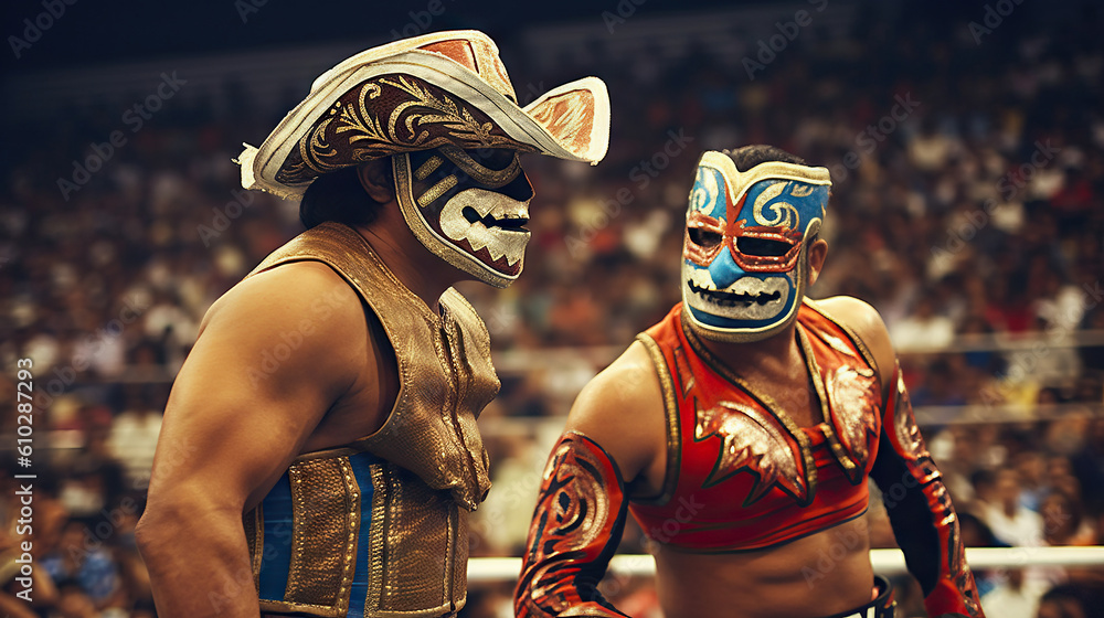 Unidentified wrestler Lucha Libre wrestling mask participates in the MEXICO Championship in Mexico City. Generative AI.